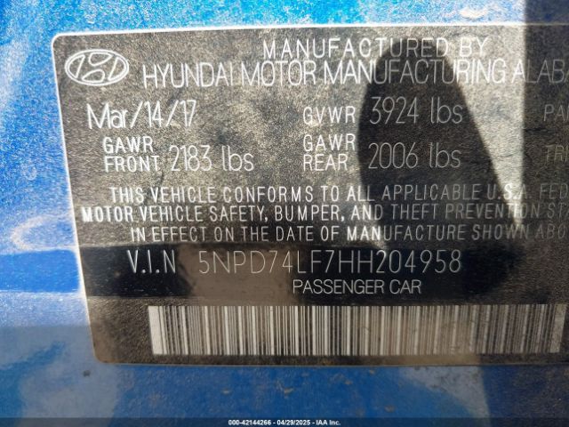 5NPD74LF7HH204958 Hyundai ELANTRA SE