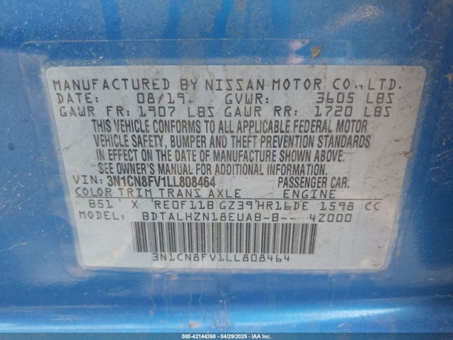 Nissan Versa Sr Xtronic Cvt 2020 3N1CN8FV1LL808464 Image 9