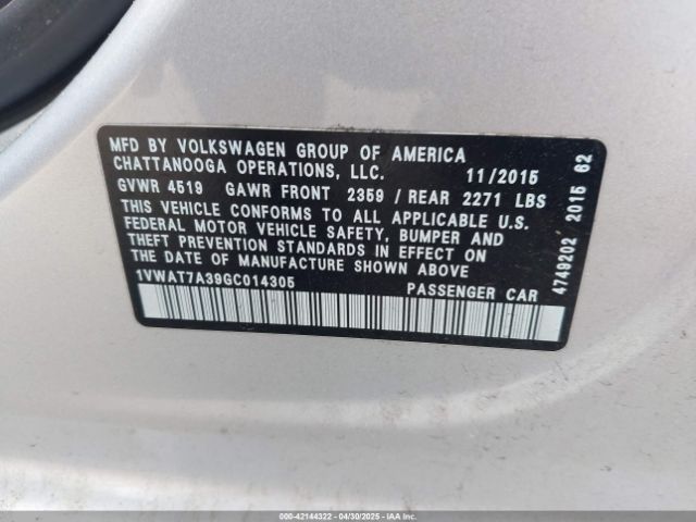 1VWAT7A39GC014305 Volkswagen Passat 1.8t S