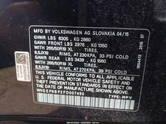 WVGEP9BP2FD007450 Volkswagen Touareg Tdi Lux