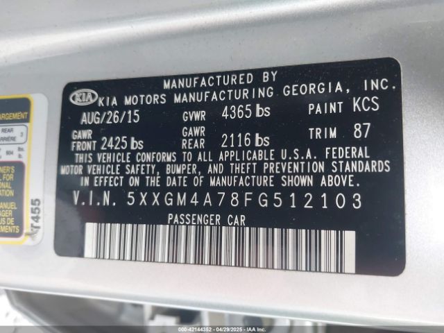 5XXGM4A78FG512103 KIA Optima Lx