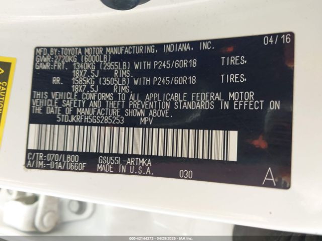 5TDJKRFH5GS285253 Toyota Highlander Xle V6