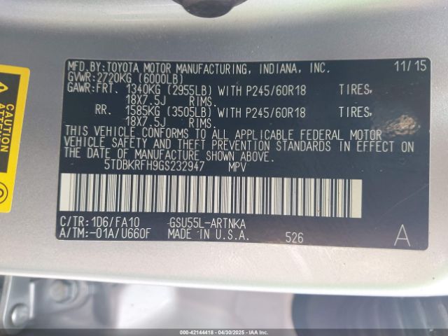 2016 TOYOTA HIGHLANDER 5TDBKRFH9GS232947 Photo 8