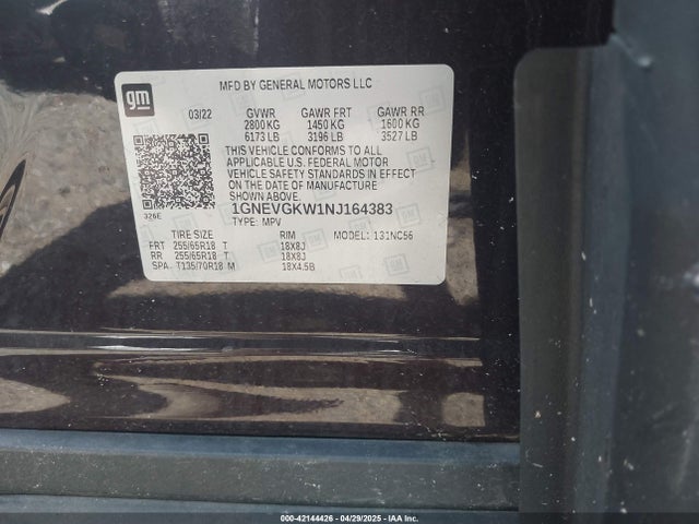1GNEVGKW1NJ164383 Chevrolet Traverse Awd Lt Cloth