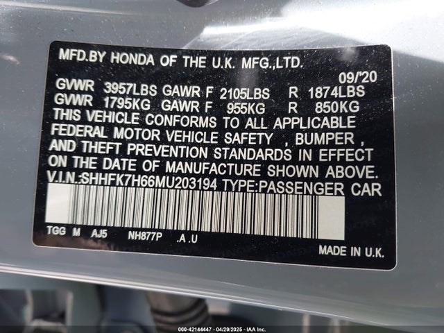 SHHFK7H66MU203194 Honda CIVIC EX