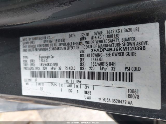 3FADP4BJ6KM120398 Ford FIESTA SE