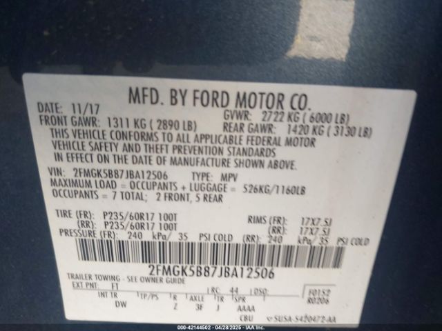 2FMGK5B87JBA12506 Ford FLEX SE