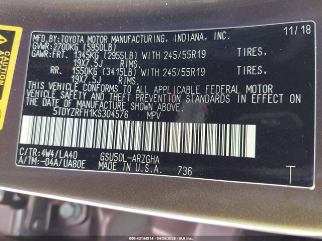 5TDYZRFH1KS304576 Toyota Highlander Limited