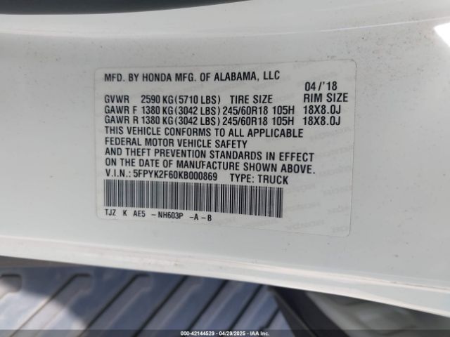 5FPYK2F60KB000869 Honda Ridgeline Rtl-t