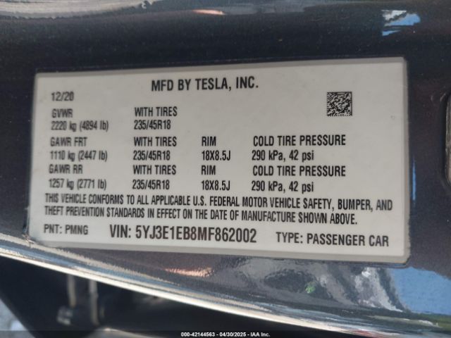 5YJ3E1EB8MF862002 Tesla Model 3 Long Range Dual Motor All-wheel Drive