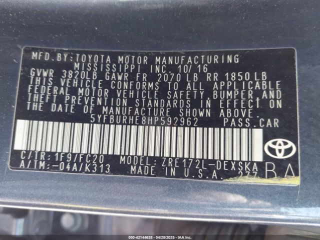 5YFBURHE8HP592962 Toyota COROLLA SE