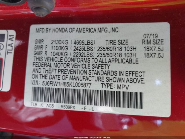 5J6RW1H85KL006877 Honda Cr-v Ex-l
