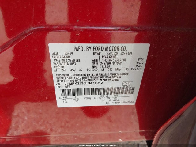 2FMPK3J96LBA10912 Ford 2.0l gtdi w/premium fuel