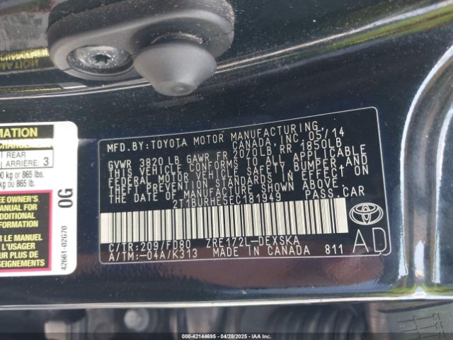 2T1BURHE5EC181949 Toyota Corolla S
