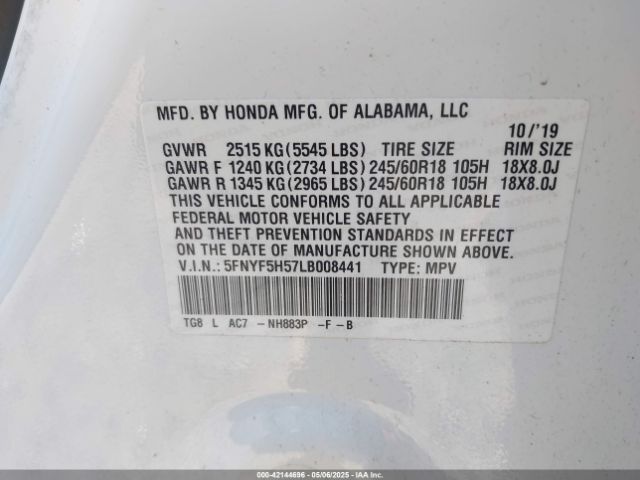 5FNYF5H57LB008441 Honda Pilot 2wd Ex-l