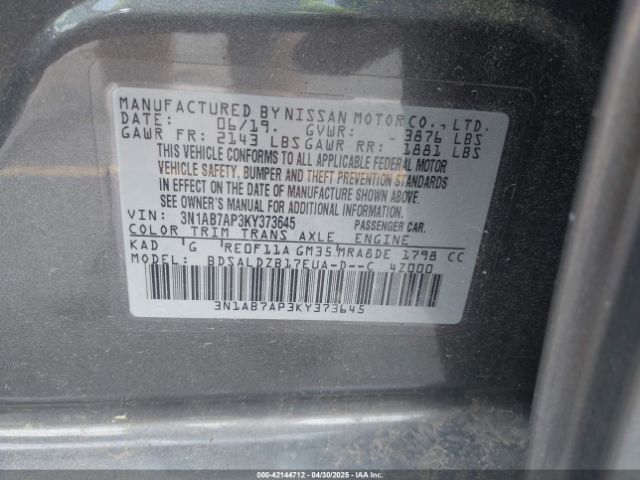 3N1AB7AP3KY373645 Nissan SENTRA SV
