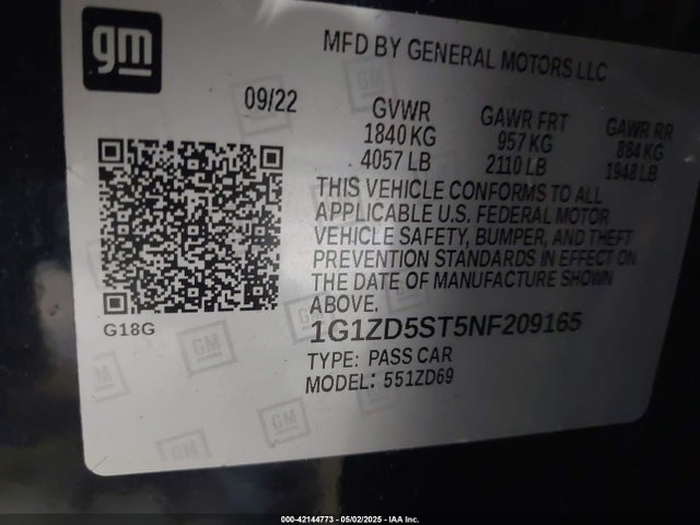 1G1ZD5ST5NF209165 Chevrolet Malibu Fwd Lt