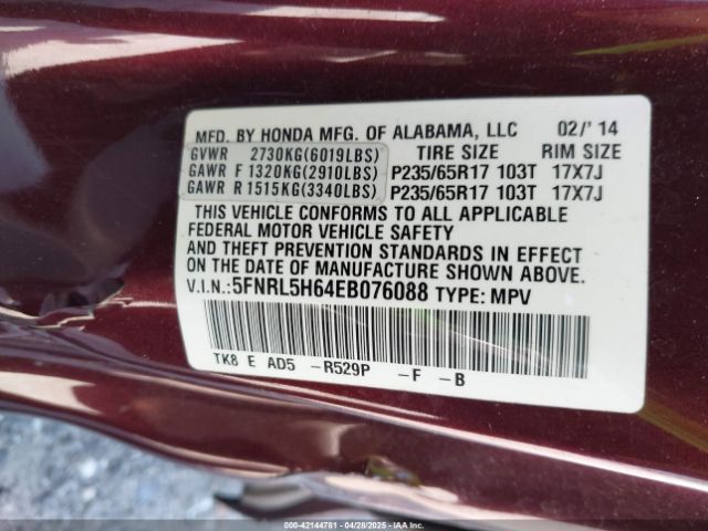5FNRL5H64EB076088 Honda Odyssey Ex-l