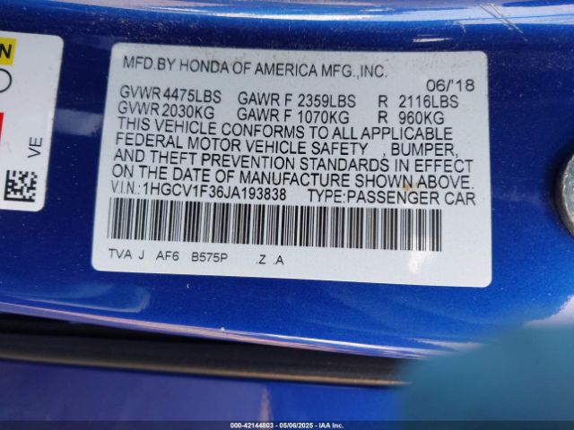 1HGCV1F36JA193838 Honda Accord Sport