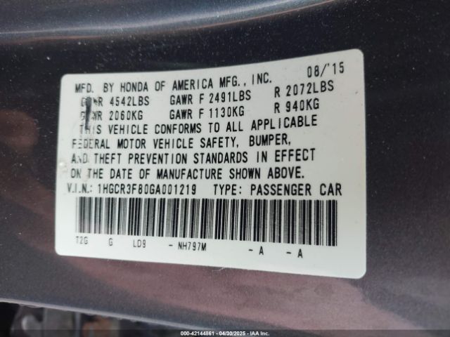 1HGCR3F80GA001219 Honda Accord Ex-l V-6