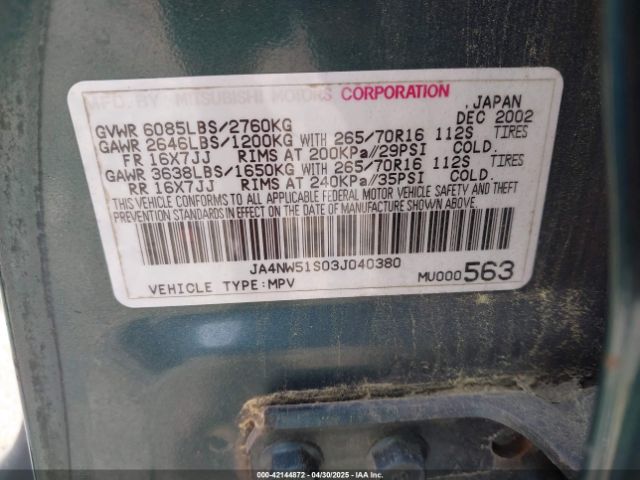 2003 MITSUBISHI MONTERO JA4NW51S03J040380 Photo 8