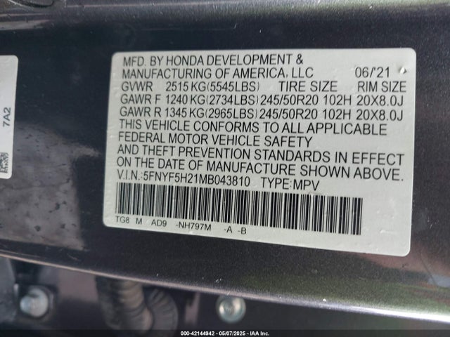 5FNYF5H21MB043810 Honda Pilot 2wd Special Edition