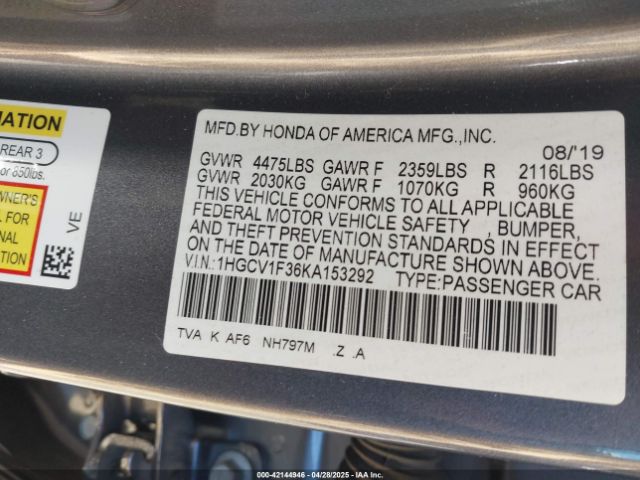 2019 HONDA ACCORD 1HGCV1F36KA153292 Photo 8