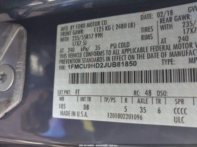 1FMCU9HD2JUB81850 Ford ESCAPE SEL