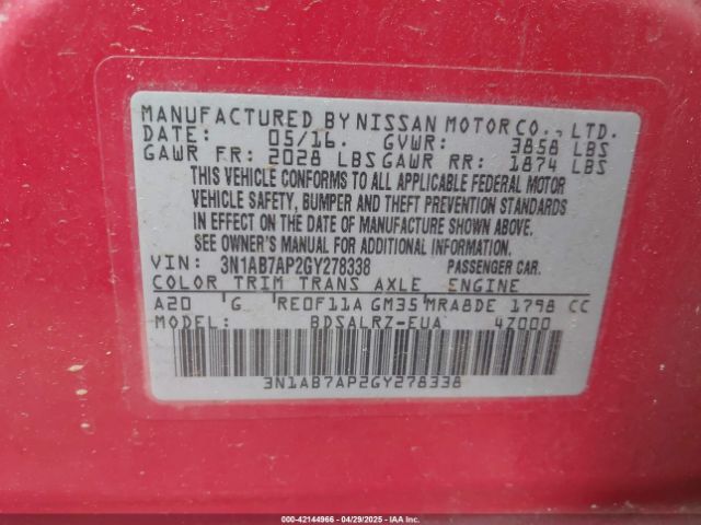 3N1AB7AP2GY278338 Nissan Sentra Fe+ S/s/sl/sr/sv