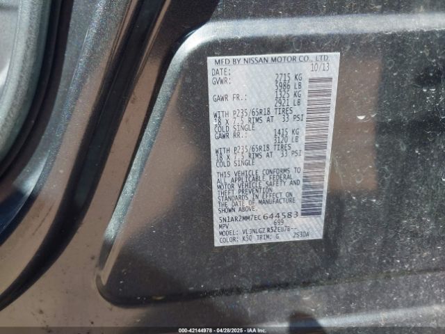 5N1AR2MM7EC644583 Nissan Pathfinder Sl