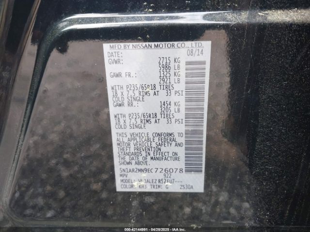 5N1AR2MN9EC726078 Nissan Pathfinder Sv