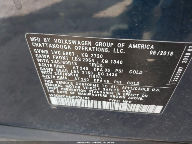 1V2KR2CA8JC575136 Volkswagen Atlas 3.6l V6 Se