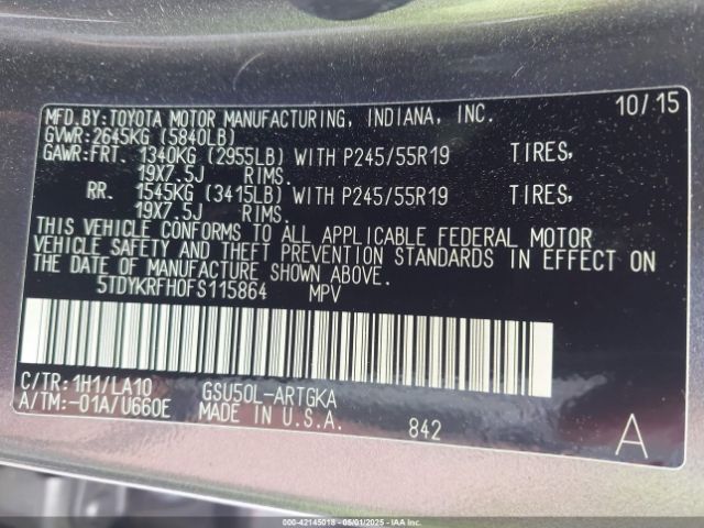 5TDYKRFH0FS115864 Toyota Highlander Limited V6