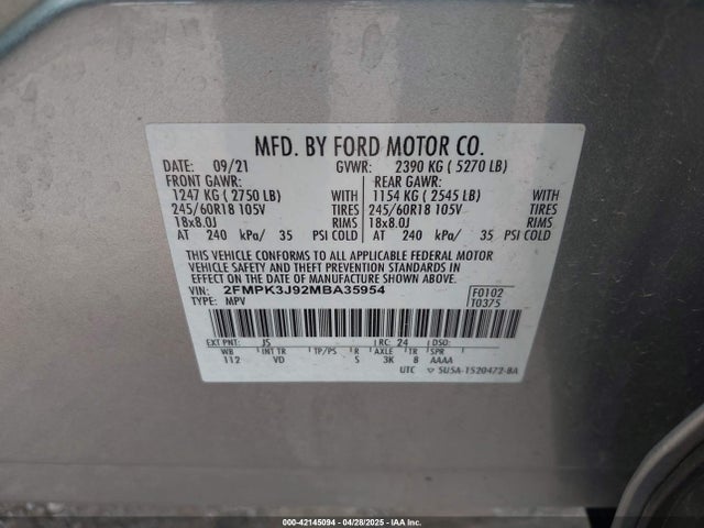 Ford EDGE SEL 2021 2FMPK3J92MBA35954 Image 9