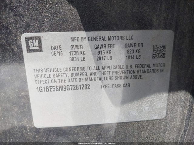 1G1BE5SM9G7281202 Chevrolet Cruze Lt Auto