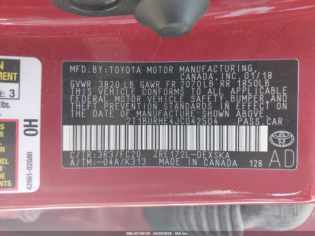 2T1BURHE4JC042504 Toyota COROLLA SE