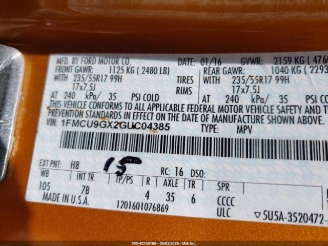 2016 FORD ESCAPE 1FMCU9GX2GUC04385 Photo 8