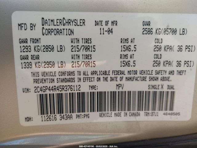2005 CHRYSLER TOWN & COUNTRY 2C4GP44R45R376112 Photo 8