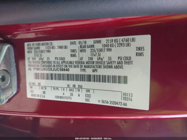 2018 FORD ESCAPE 1FMCU9GDXJUC58840 Photo 8
