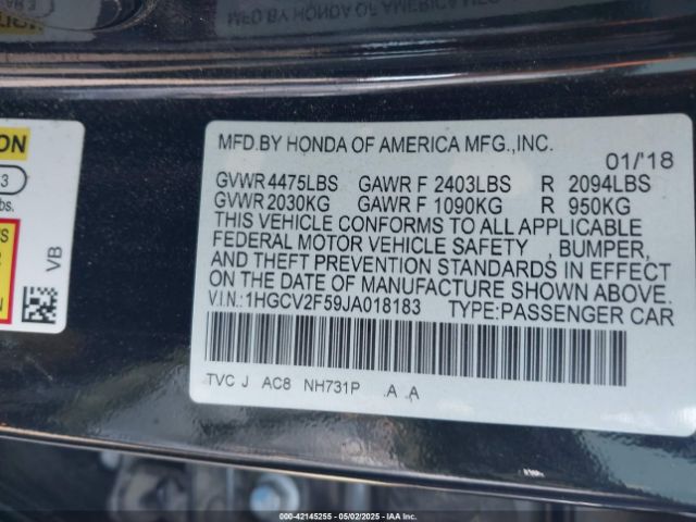 1HGCV2F59JA018183 Honda Accord Ex-l 2.0t