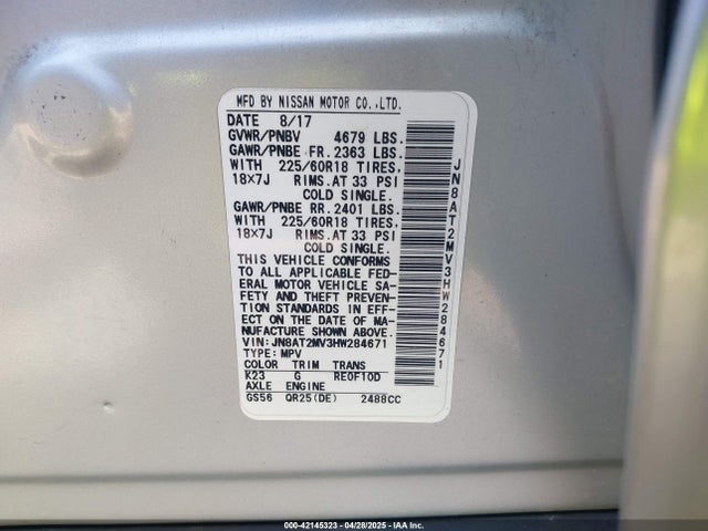 JN8AT2MV3HW284671 Nissan Rogue Sl