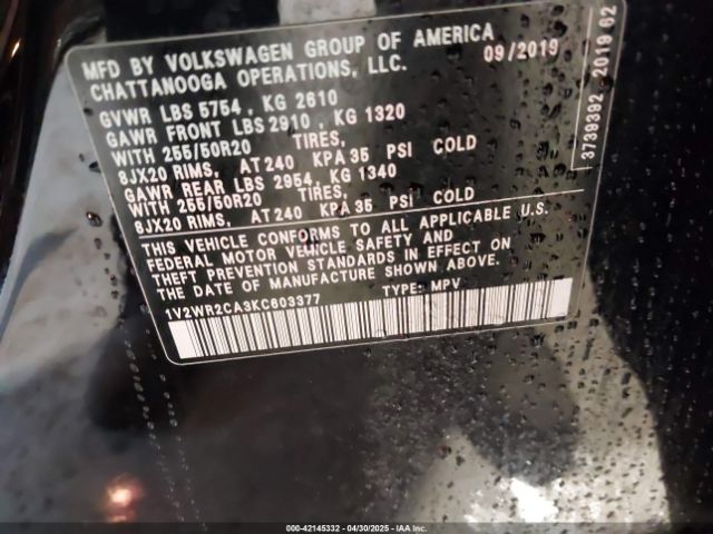 1V2WR2CA3KC603377 Volkswagen Atlas 3.6l V6 Se W/technology
