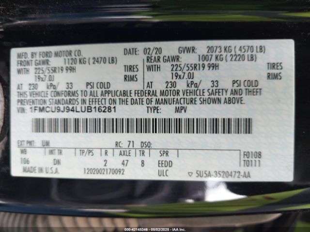 1FMCU9J94LUB16281 Ford Escape Titanium