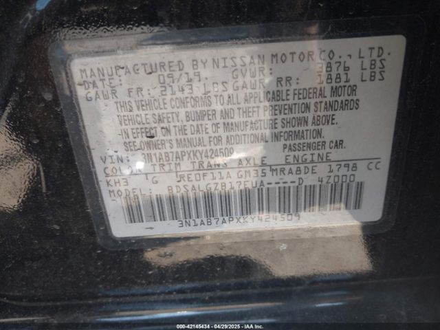 3N1AB7APXKY424509 Nissan SENTRA SL