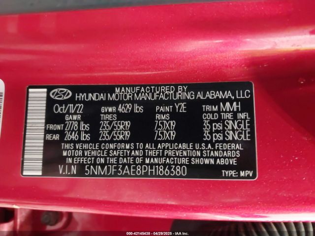 5NMJF3AE8PH186380 Hyundai TUCSON SEL