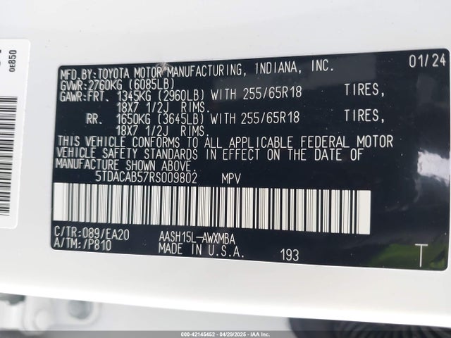 5TDACAB57RS009802 Toyota Grand Highlander Hybrid Xle