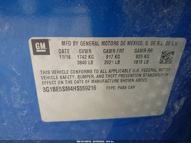 3G1BE5SM4HS559216 Chevrolet Cruze Lt Auto