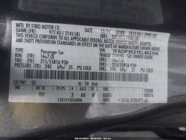 1FADP3K21EL462169 Ford FOCUS SE