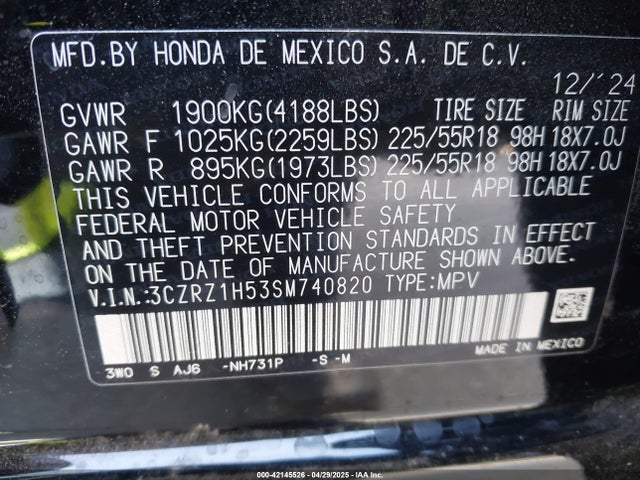 3CZRZ1H53SM740820 Honda k20z5