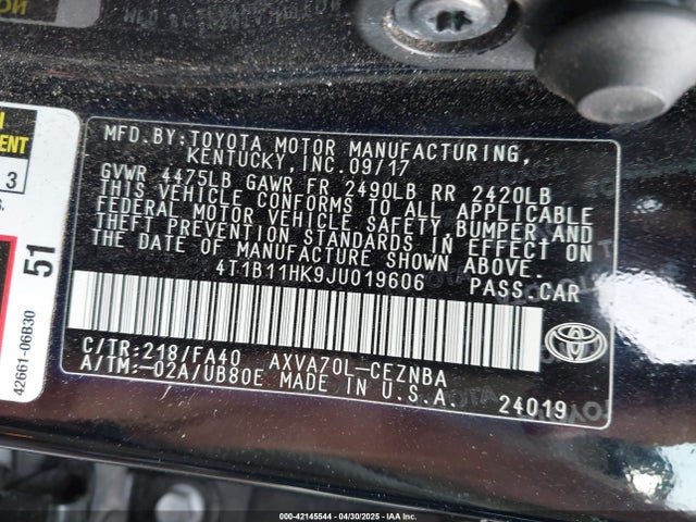 4T1B11HK9JU019606 Toyota CAMRY LE